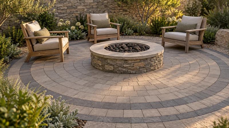 Circular paver courtyard with concentric paving rings around an unlit stone fire pit