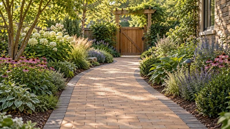 Buff paver garden walkway with dark edging leading to a timber gate