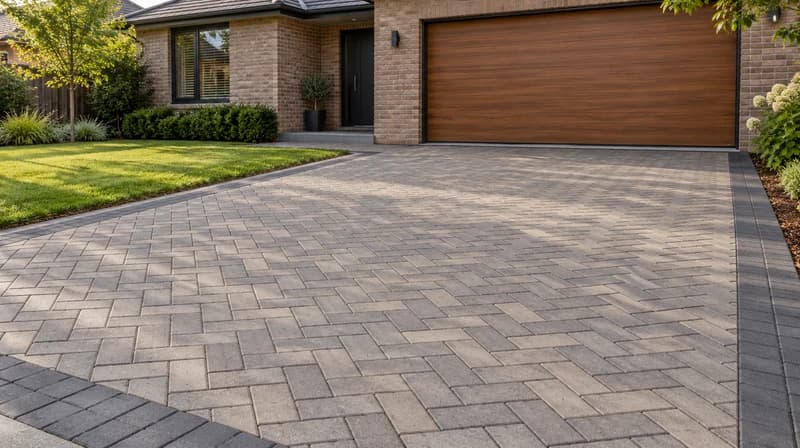 Gray herringbone driveway pavers with a charcoal border beside a brick house