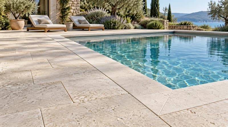 Light limestone pool deck with aligned coping and narrow paving joints