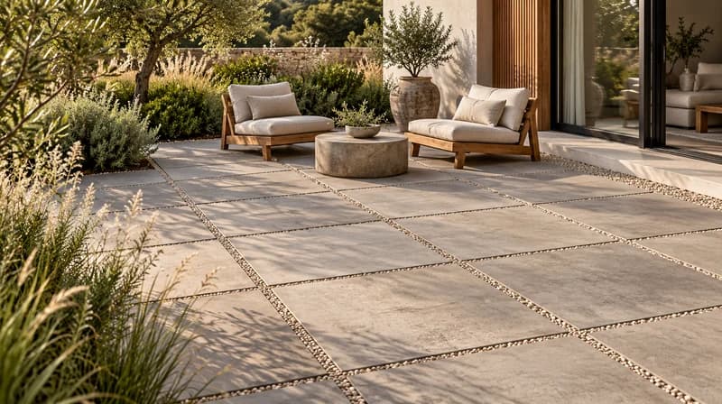 Large concrete patio pavers with gravel joints and teak lounge furniture