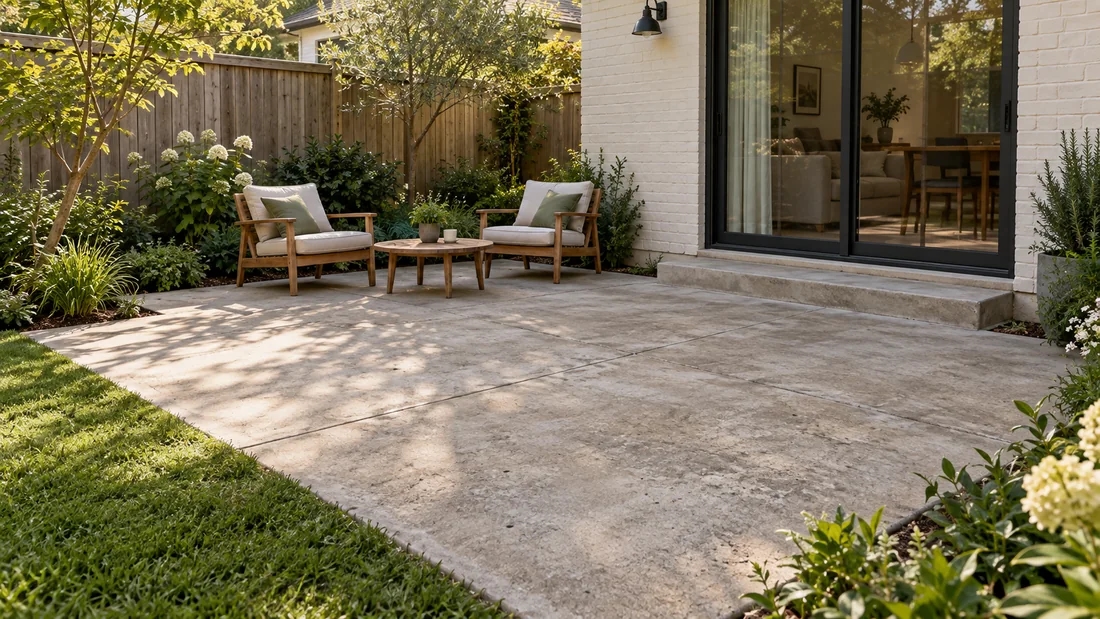 Existing concrete patio with teak chairs, a sliding door and garden planting