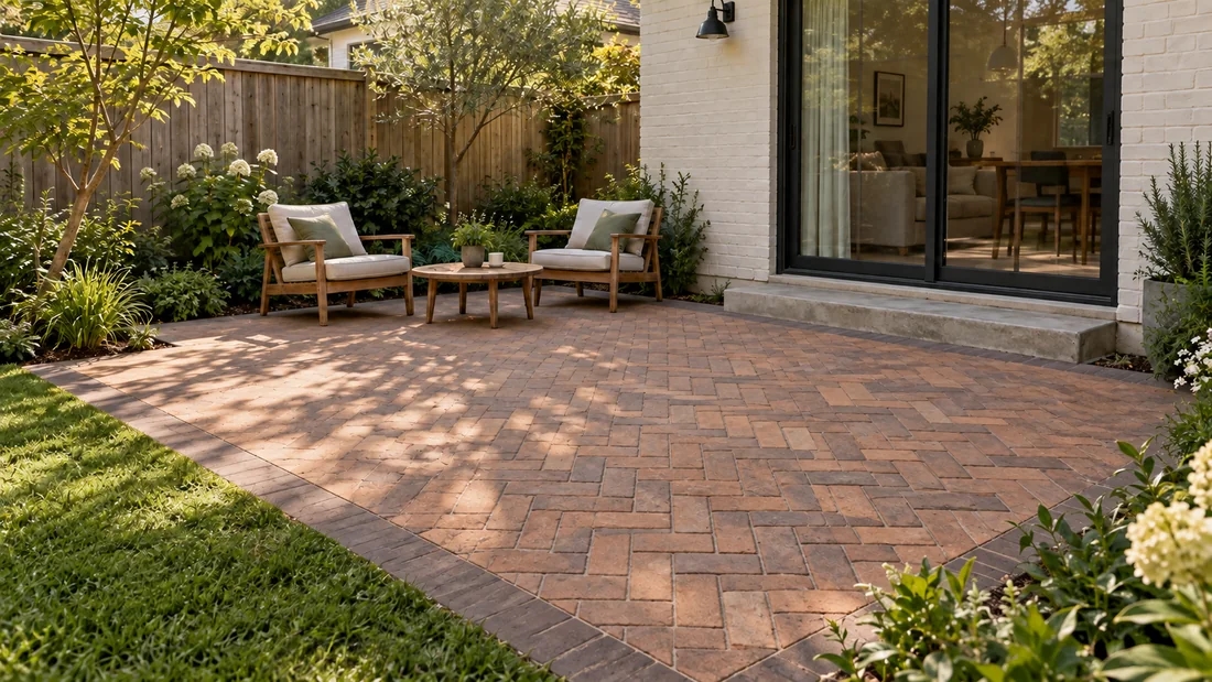 Same patio with clay-brick herringbone paving and a darker border