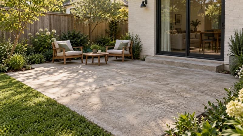 Original concrete patio showing existing furniture and garden boundaries
