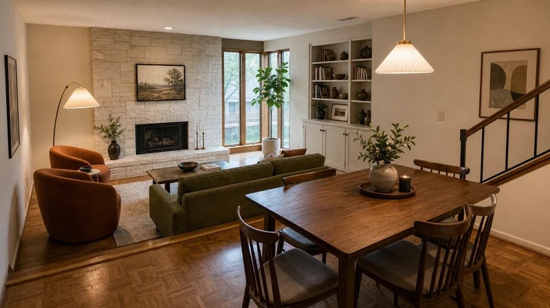 Color-corrected living and dining room with mixed lighting