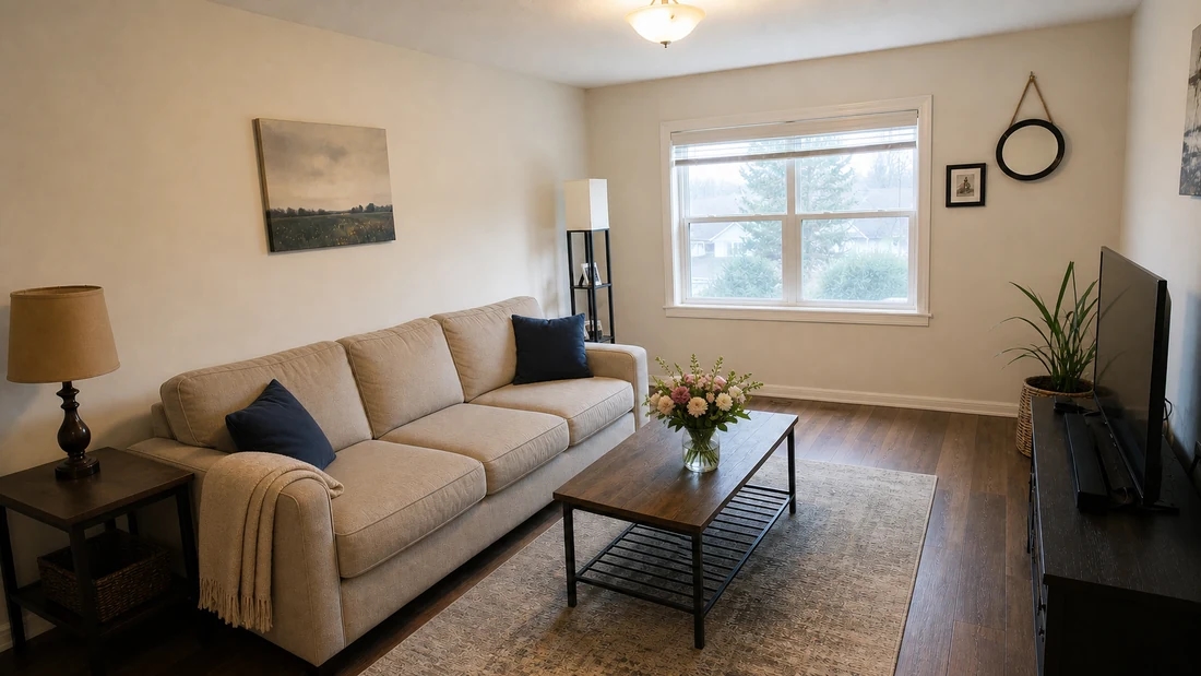 Clean and professionally enhanced Airbnb living room listing photo