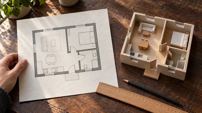 Architectural floor plan and cardboard house model on a wooden desk