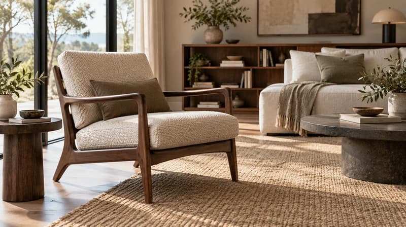 Walnut lounge chair with cream upholstery in a furnished living room