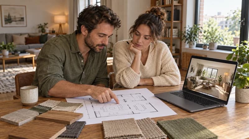 Homeowners reviewing a paper floor plan beside a laptop and material samples