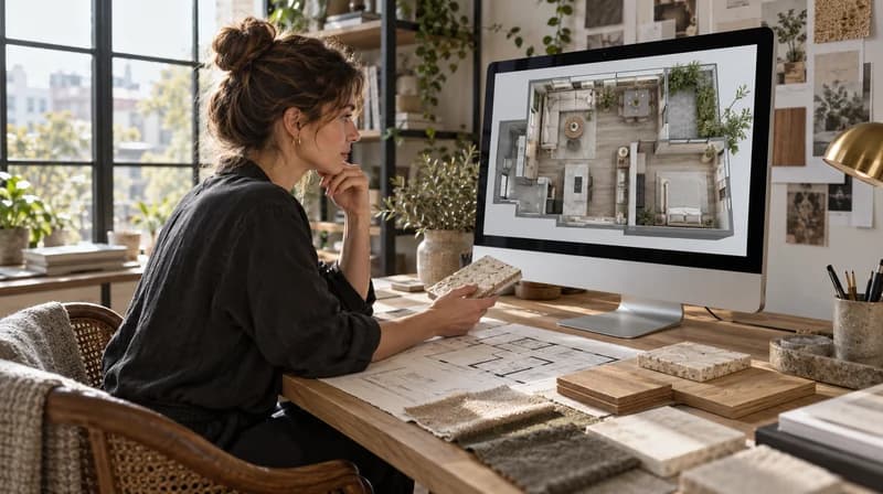 Interior designer comparing a material sample with a furnished apartment render
