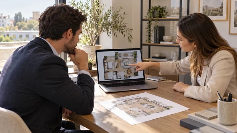 Real estate professionals reviewing a furnished apartment plan on a laptop