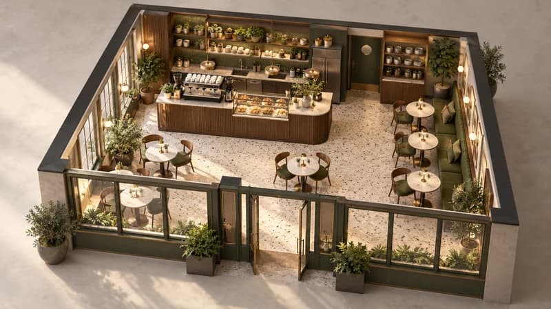 Roofless cafe concept with service counter, green banquette, and clear circulation