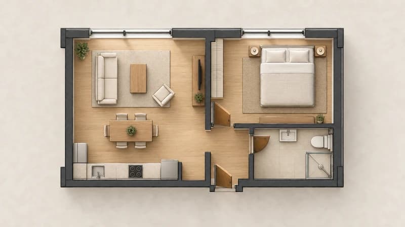 Furnished overhead one-bedroom apartment with oak floors and cream seating