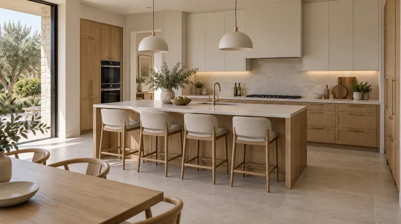 Oak kitchen with stone-topped island and pale cabinetry