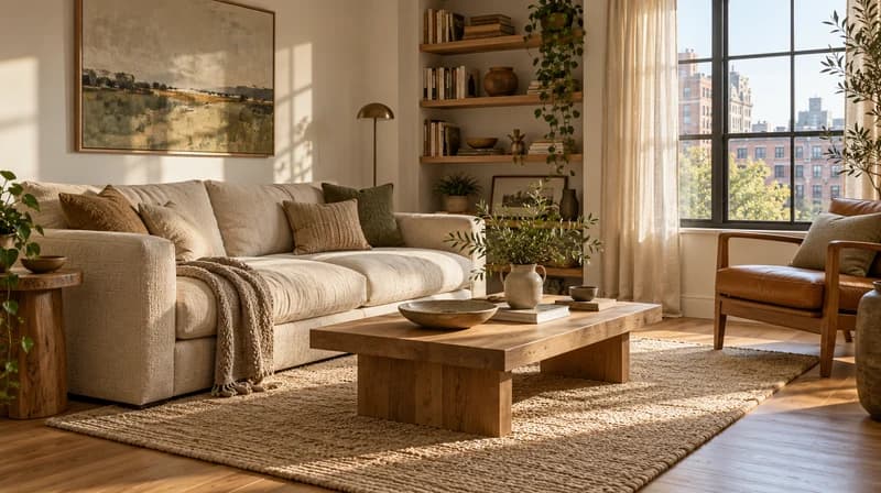 Warm living room with a cream sofa, oak coffee table, and large window