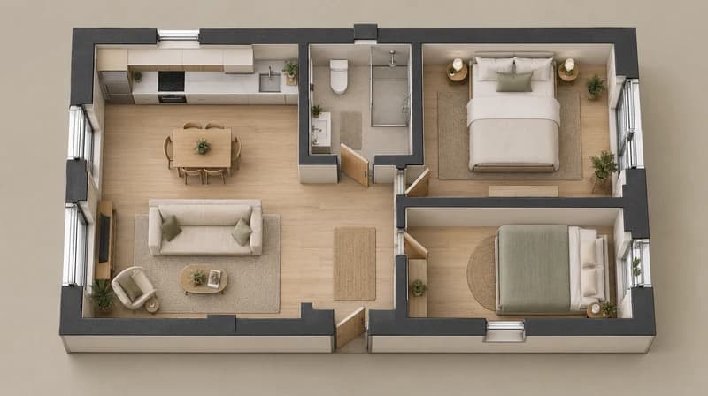 Furnished two-bedroom apartment plan with connected living and kitchen zones