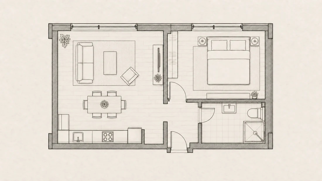 Line drawing of a one-bedroom apartment with an open living area and bathroom