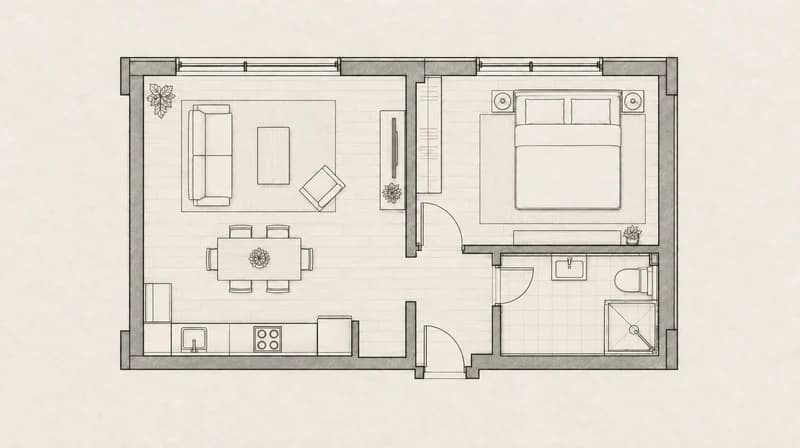 Clean apartment floor plan with furniture outlines and door openings
