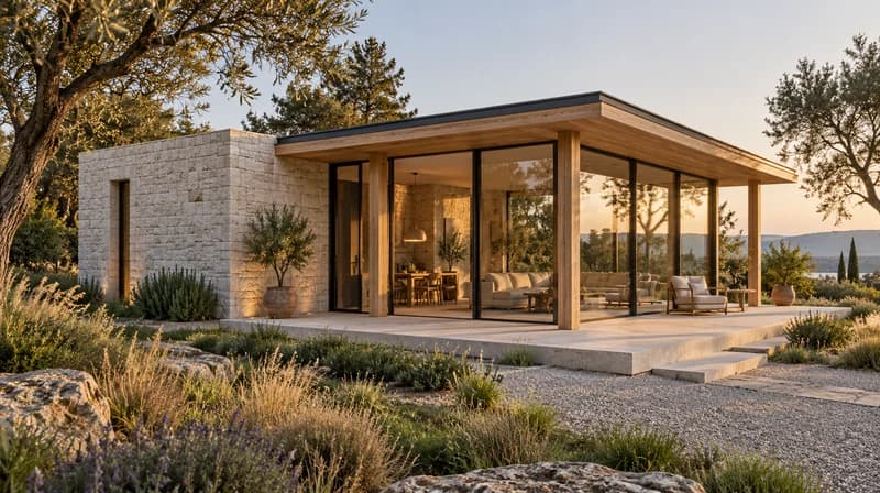 Garden pavilion with a stone volume and timber-framed glazing