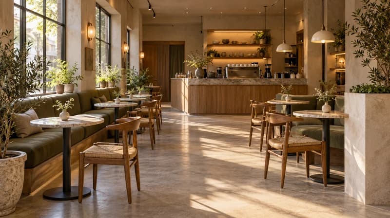 Cafe interior with olive banquette seating, round tables and an oak counter