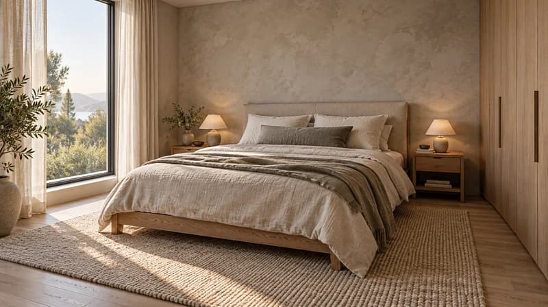 Calm bedroom with linen bedding, textured plaster and an oak wardrobe