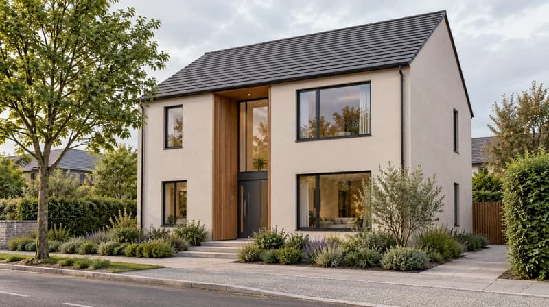 Two-story house facade with pale render, timber entrance and a pitched roof