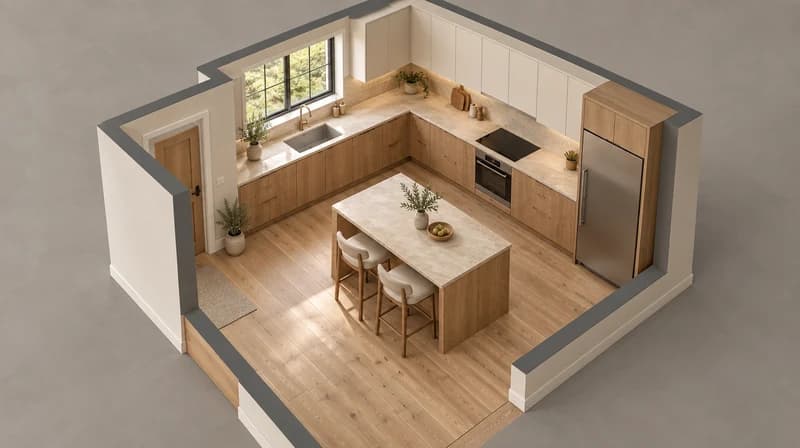 Cutaway kitchen layout with oak cabinets, limestone worktops and a compact island
