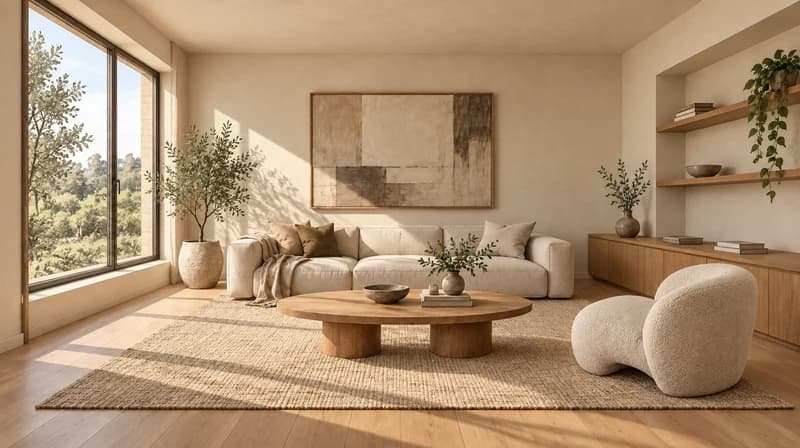Warm modern living room rendered from the hero sketch with cream seating and oak cabinetry