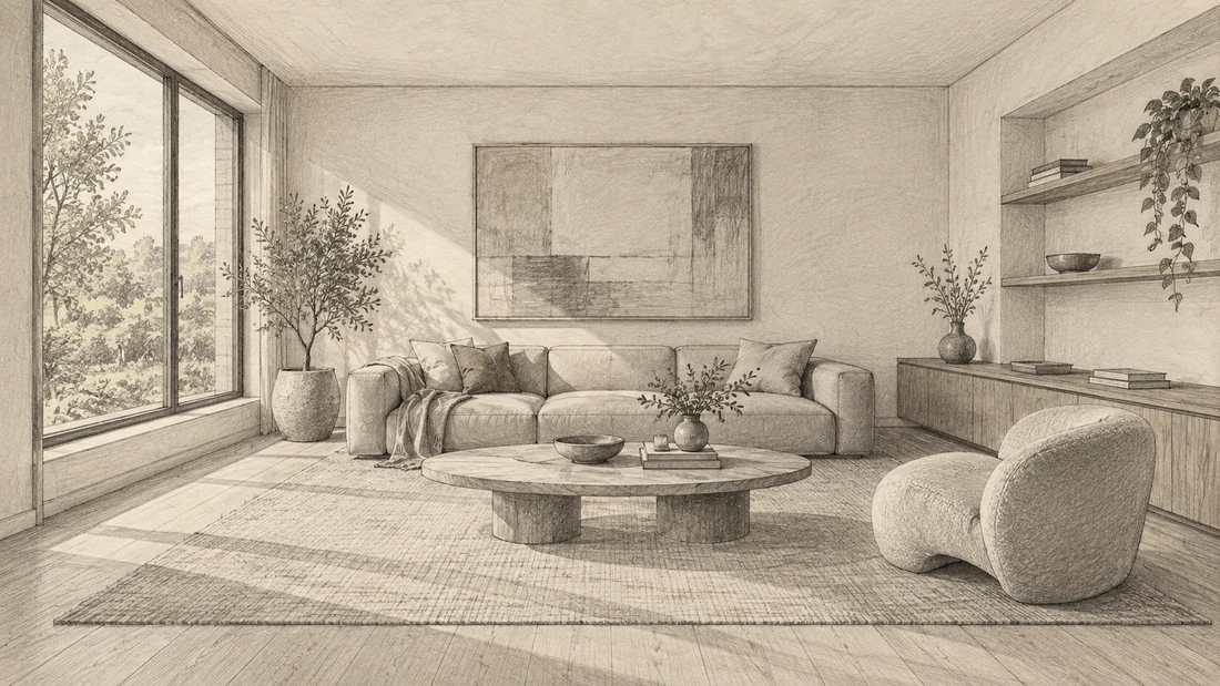 Graphite living room sketch with a large left window, sofa and oval coffee table