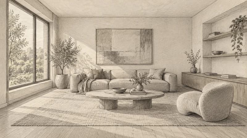 Graphite perspective sketch of a furnished living room