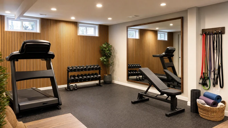 Gimnasio y zona de fitness en sótano diseñada con IA