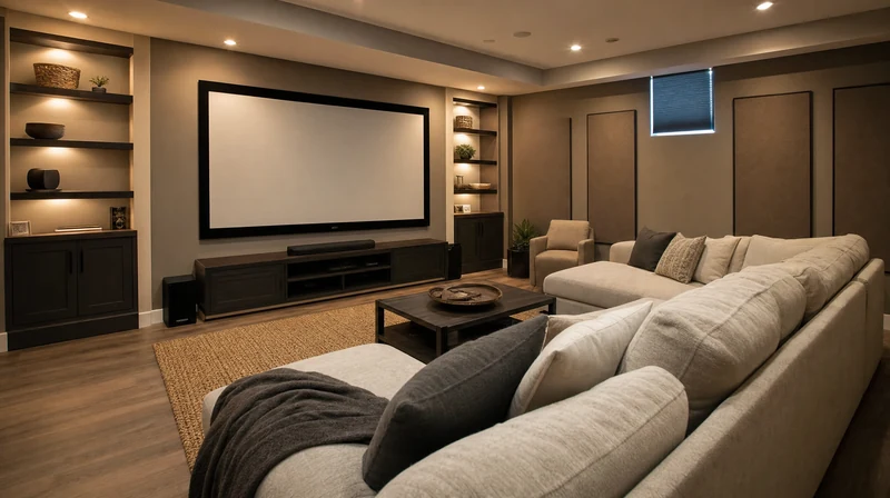 Cine en casa y sala multimedia en sótano diseñada con IA