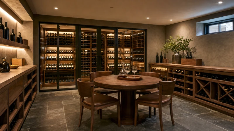 Bodega y sala de cata en sótano diseñada con IA