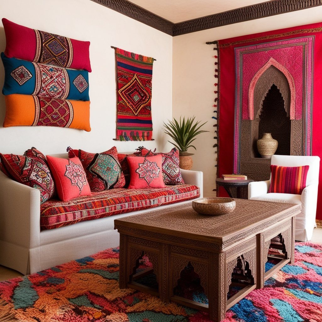 Moroccan living room with a white sofa piled with kilim cushions, colorful textile wall hangings, a carved wooden table and a bright rug