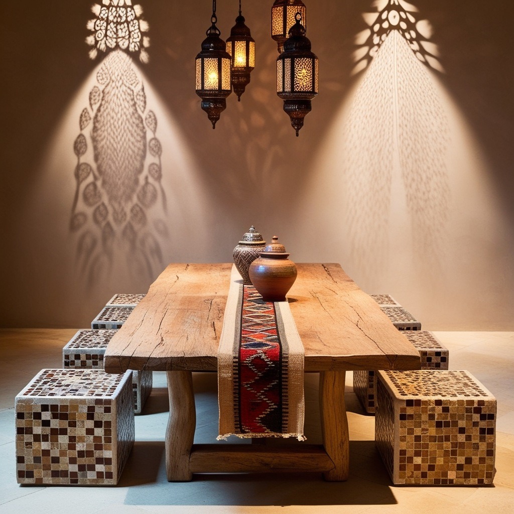 Dining area with a rustic wooden table, mosaic-tiled stools and pierced metal lanterns casting patterned shadows