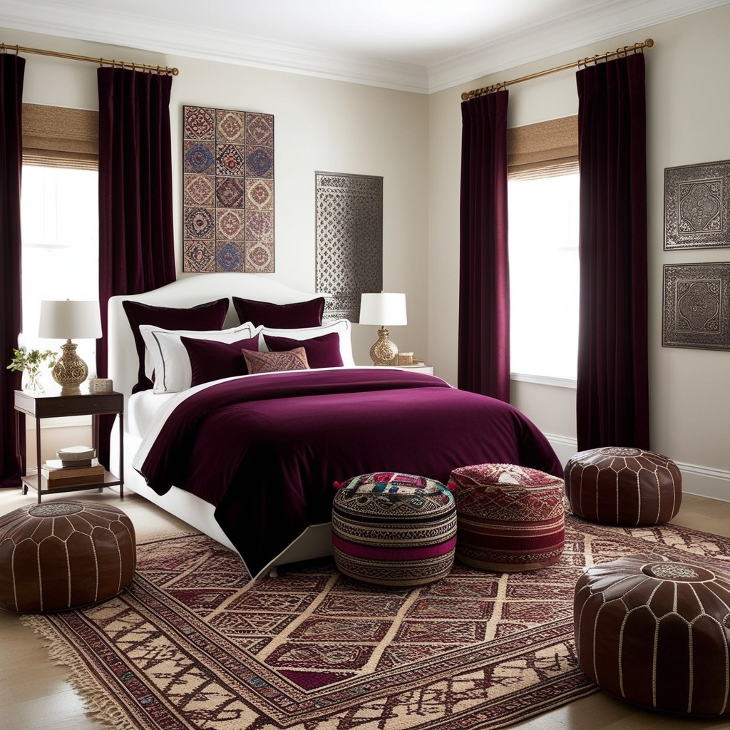Bedroom with plum bedding and curtains, leather poufs, a patterned rug and framed textile art