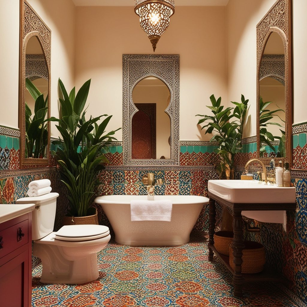 Bathroom with patterned cement floor tiles, a freestanding tub, an arched mirror niche, a brass lantern and plants