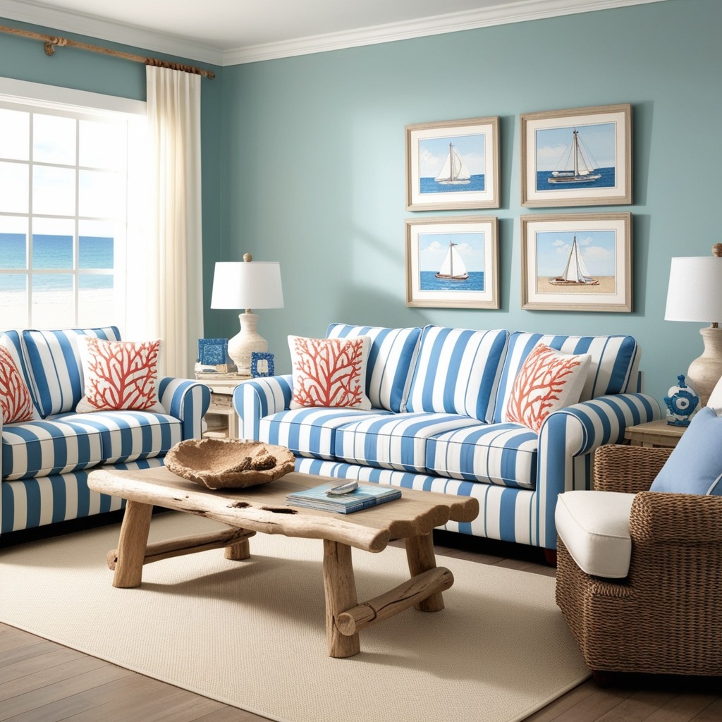 Nautical living room with a blue and white striped sofa, a driftwood coffee table and framed sailboat prints on an aqua wall