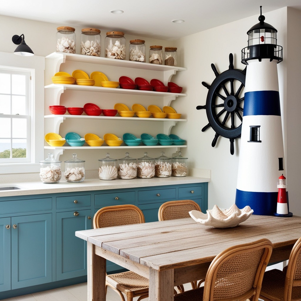 Coastal kitchen with open shelves of colorful bowls, a ship's wheel and a lighthouse model on the wall and a whitewashed wooden table