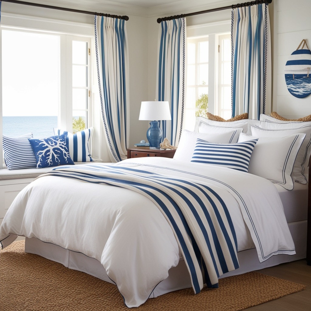 White bedroom with a navy-striped throw, blue striped curtains and a blue table lamp