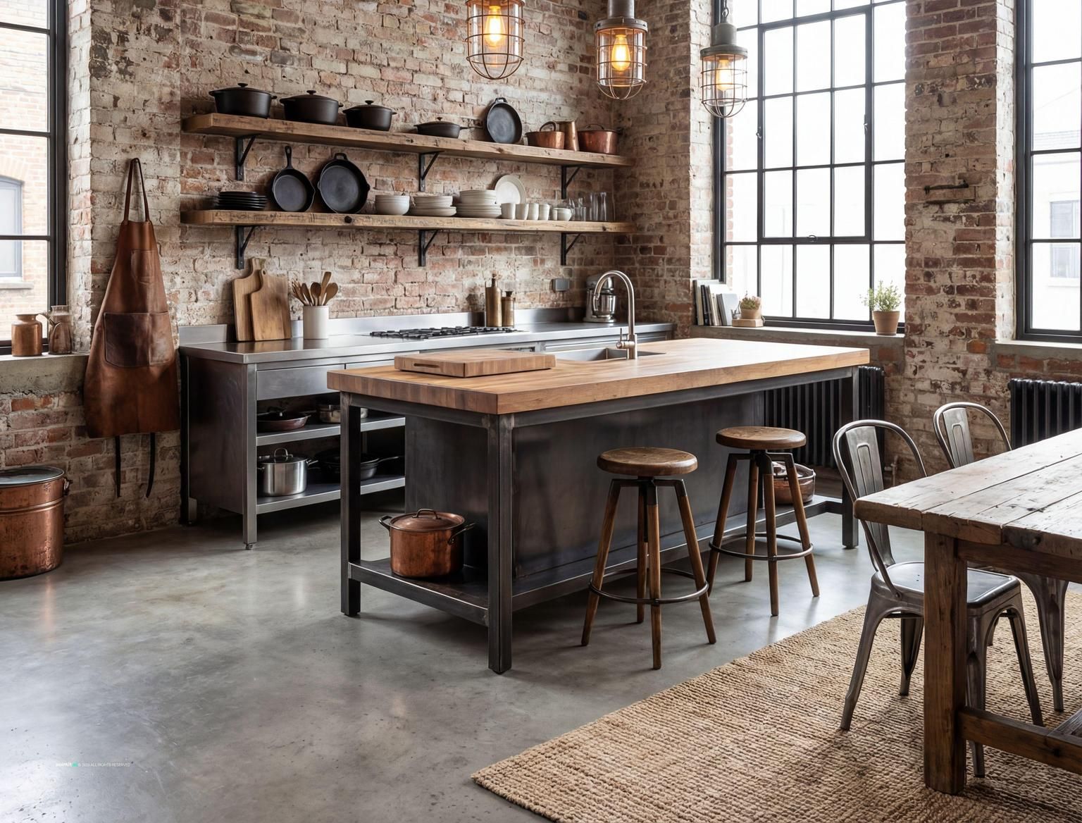 Stylish Industrial Loft Kitchen Design with Leather Seating