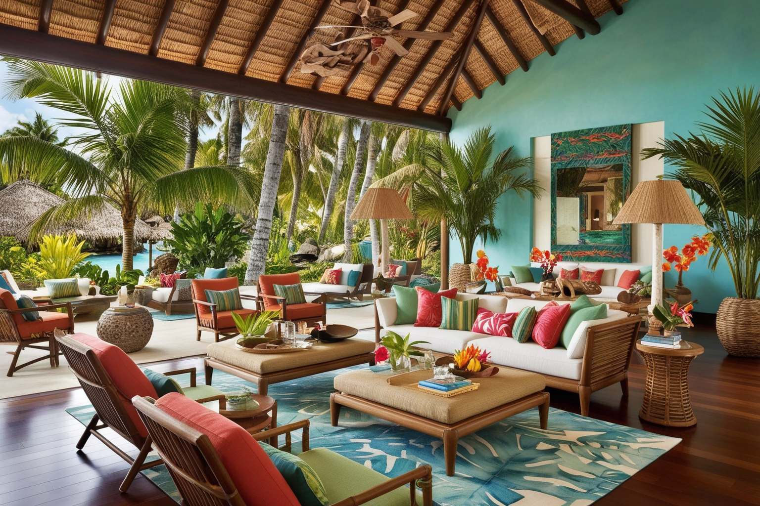 Tropical living room under a pitched timber ceiling with palms, rattan chairs, a turquoise wall and red cushions