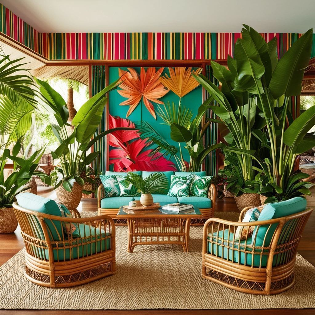 Tropical living room with rattan armchairs, a teal sofa, large potted plants and a colorful leaf mural