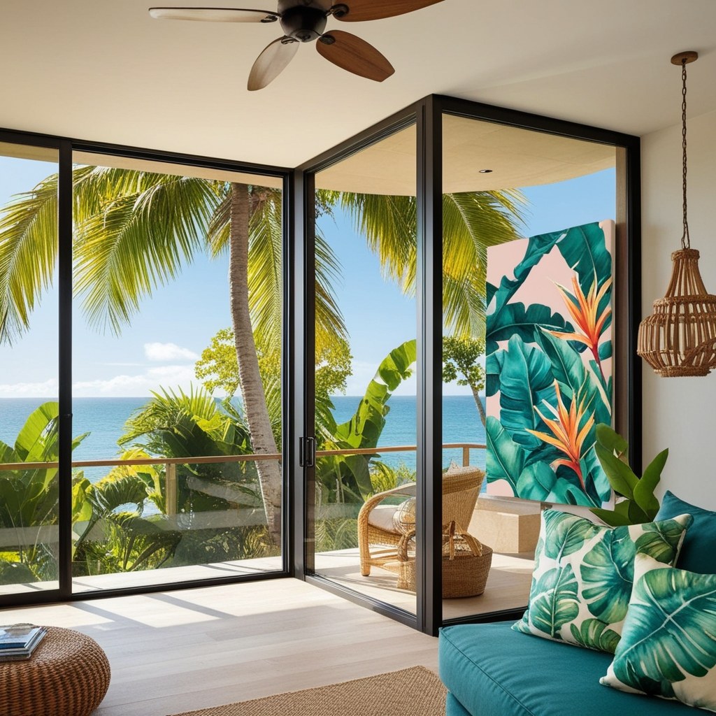 Room with floor-to-ceiling glass doors onto palms and the sea, a woven pendant and leaf-print cushions