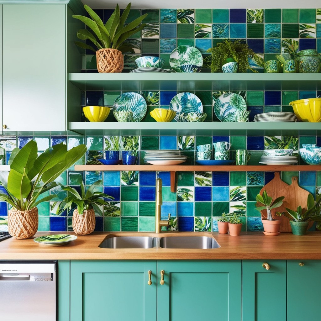 Kitchen with a blue and green tile backsplash, open shelves of plates, potted plants and turquoise cabinets