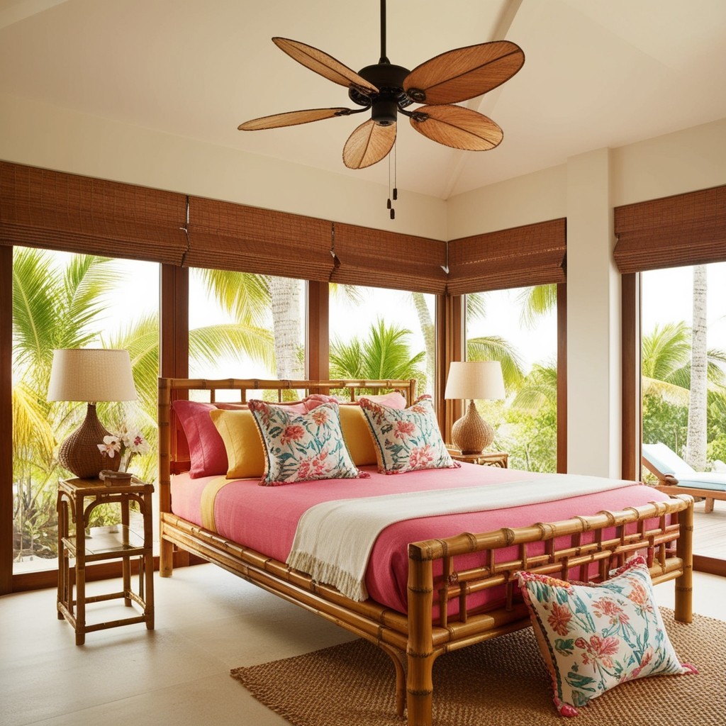 Tropical bedroom with a bamboo bed frame, pink floral bedding, a wooden ceiling fan and windows onto palm trees