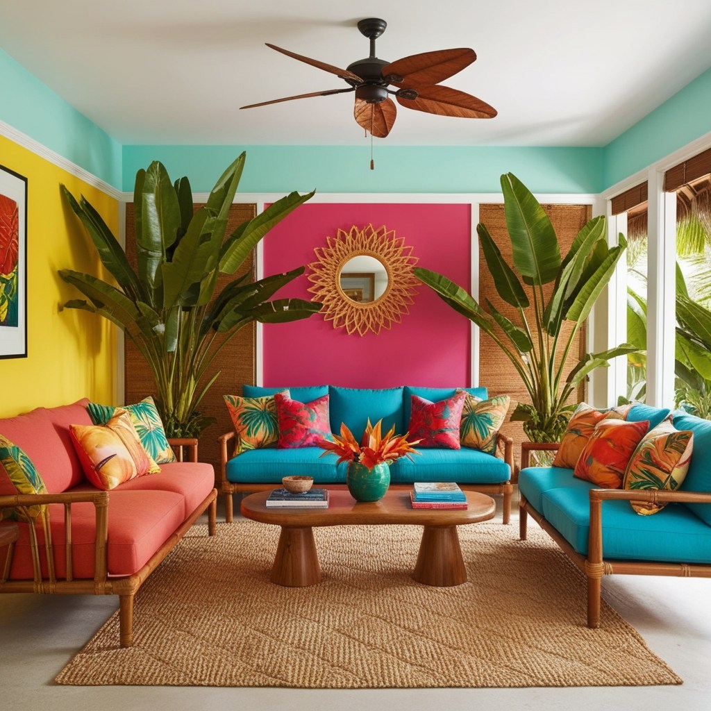 Colorful living room with pink and yellow walls, coral and teal sofas, a sunburst mirror and banana plants