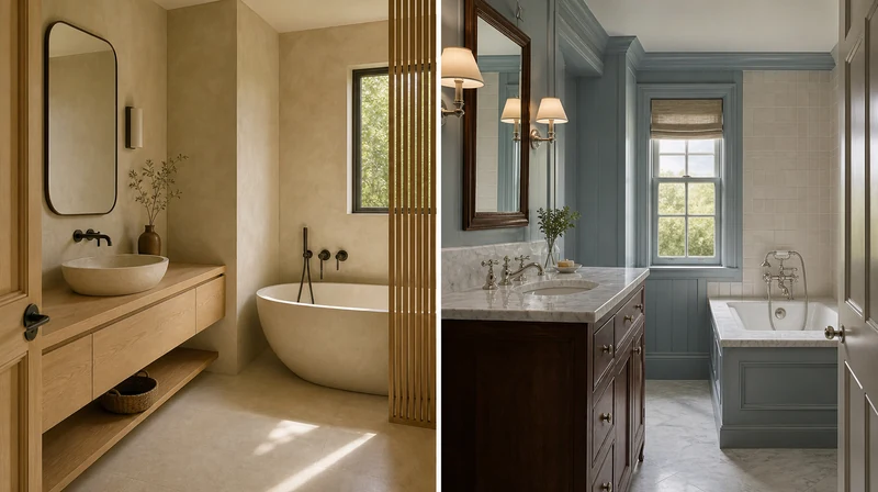 Split view of Japandi and traditional bathroom remodel styles