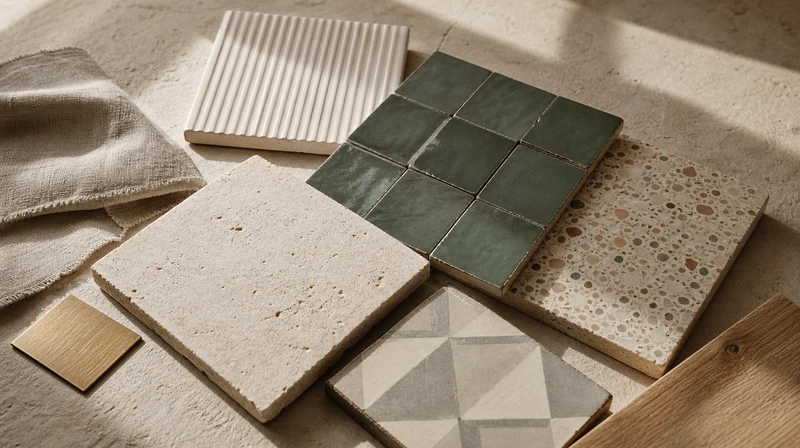 Bathroom tile and surface samples for remodel planning