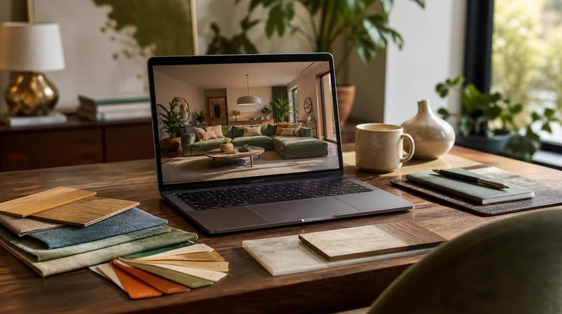 Styled workspace showing a room render on a laptop with material samples nearby